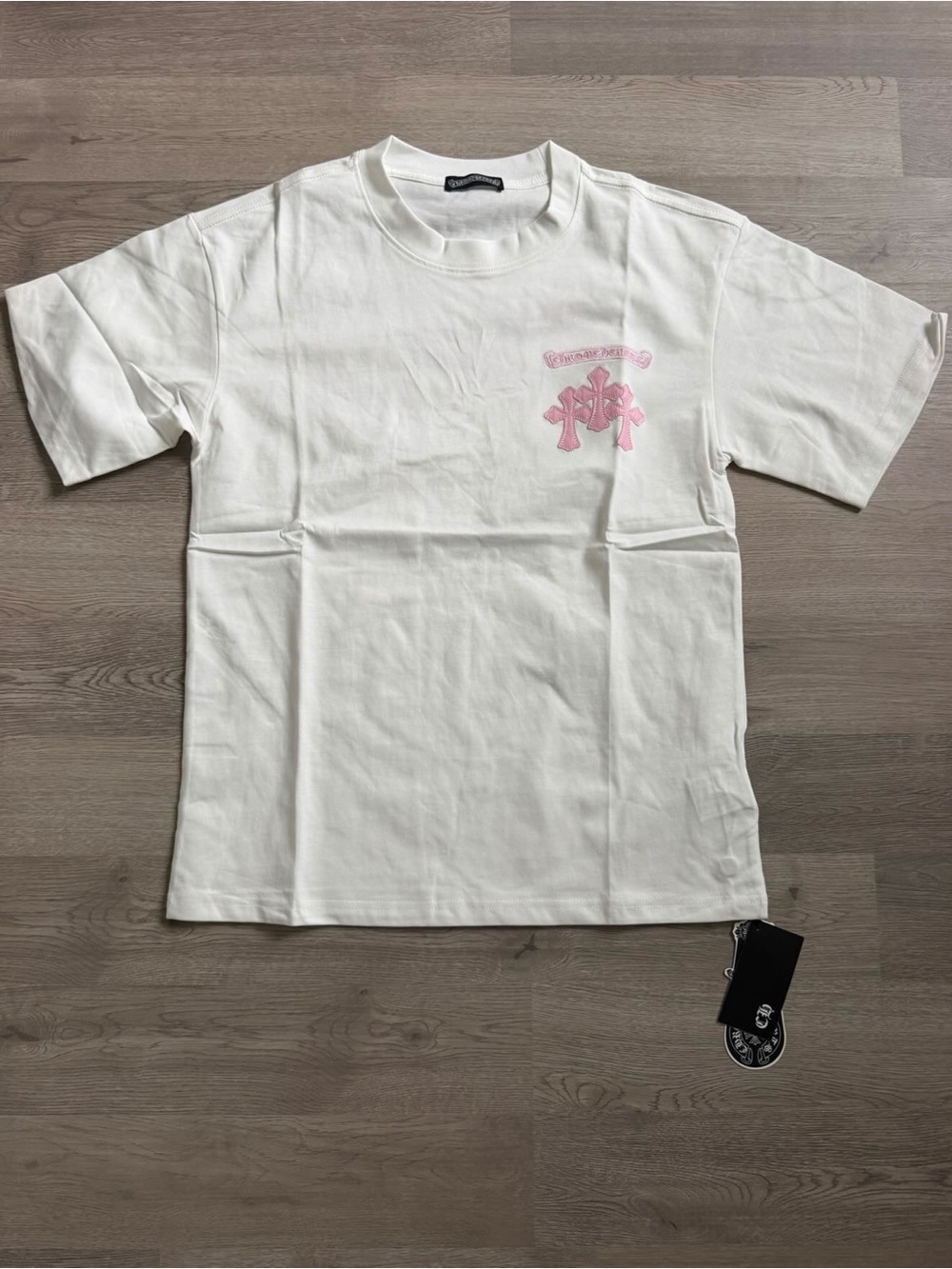 Chrome Hearts White T-Shirt with Pink Chest Logo